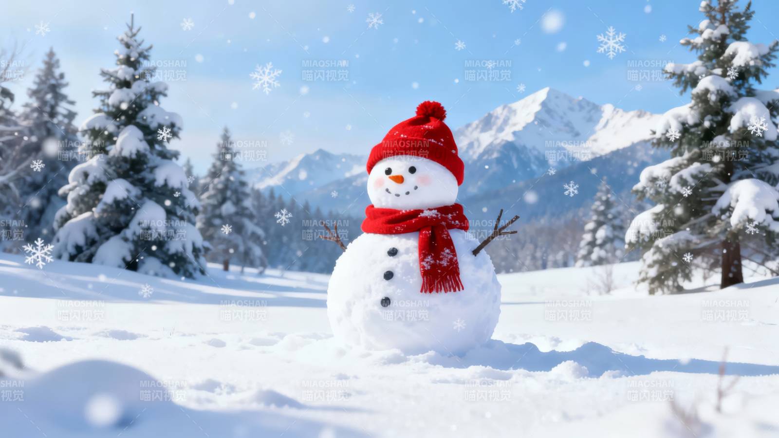 雪人戴红帽 雪景如画图片