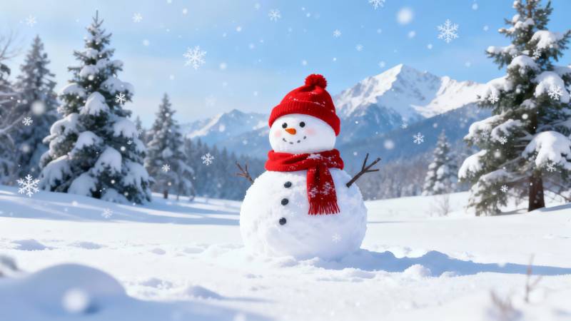 雪人戴红帽 雪景如画图片