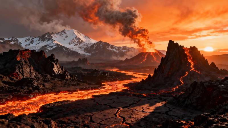 火山熔岩映雪山晚霞图片