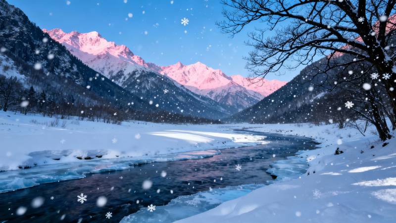 雪落山河 粉霞映冰河图片