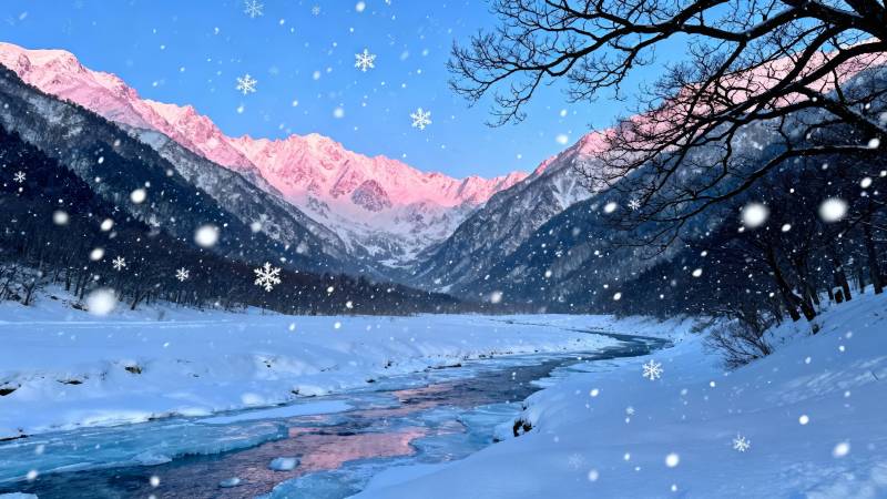 雪落山河 粉霞映冰河图片