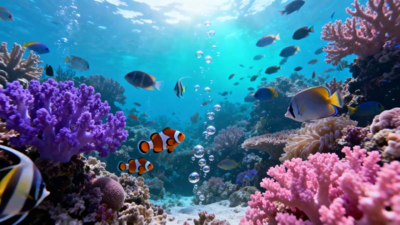 海底珊瑚鱼群共舞奇观图片