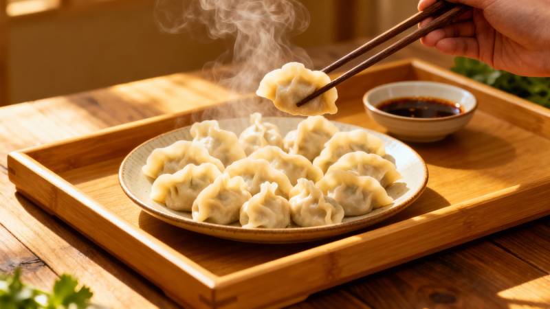 热气腾腾饺子配蘸料图片