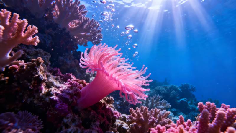 海底粉珊瑚 阳光穿透蓝水图片