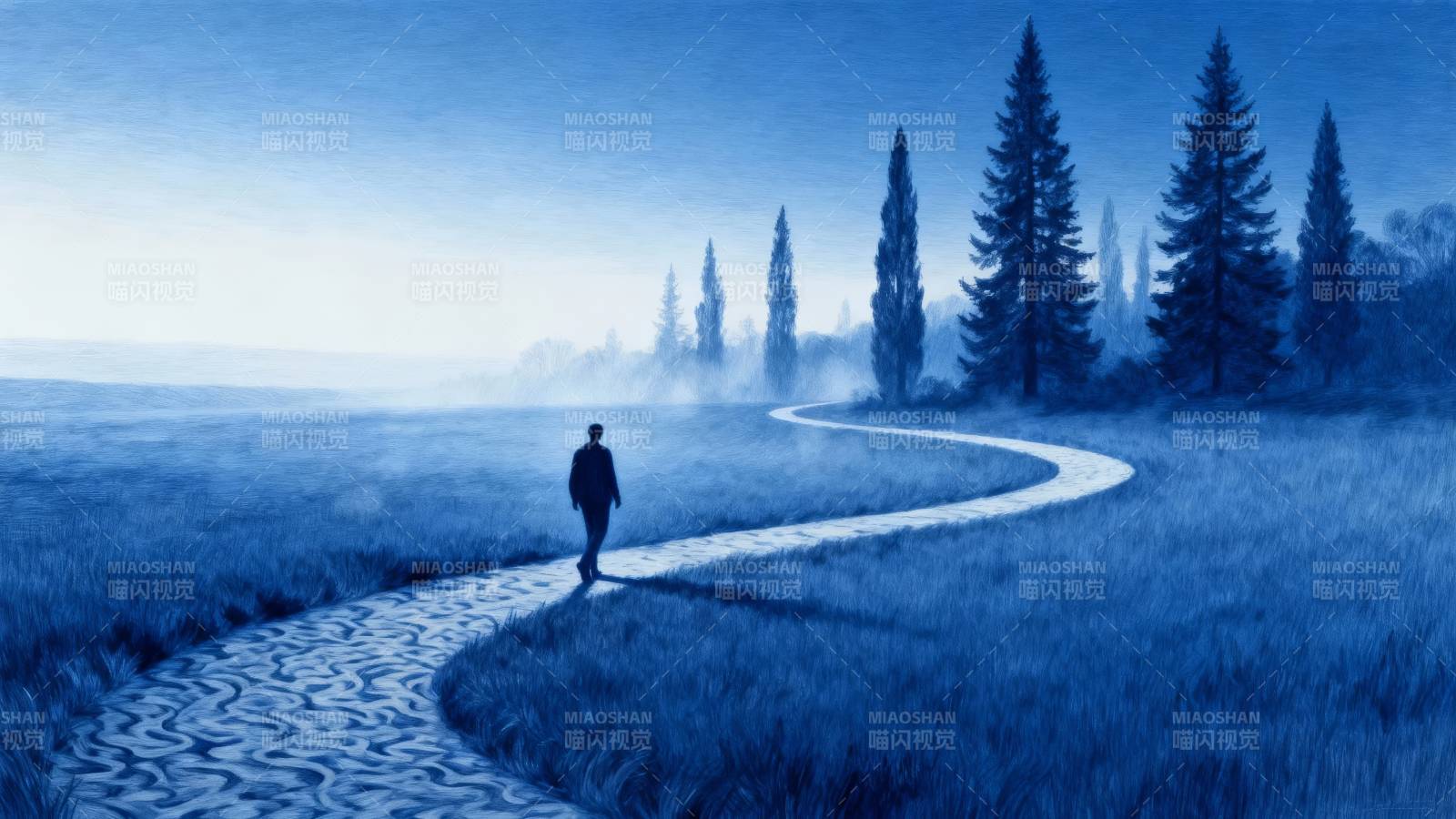蓝雾小径 孤影前行图片