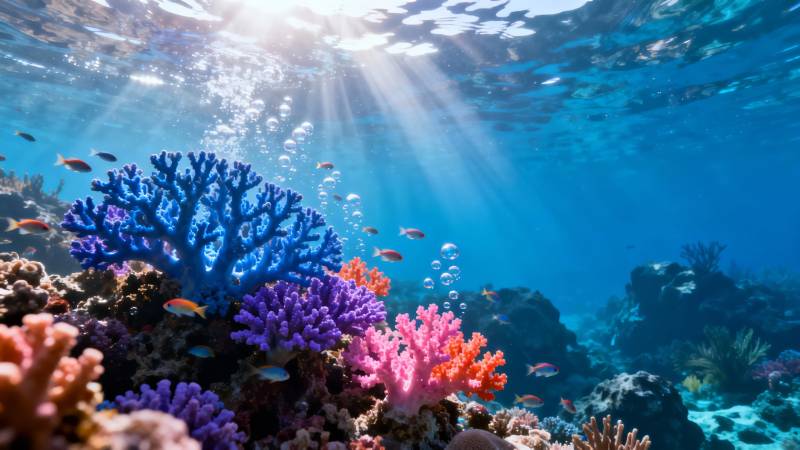 海底珊瑚花园 阳光穿透蓝水图片