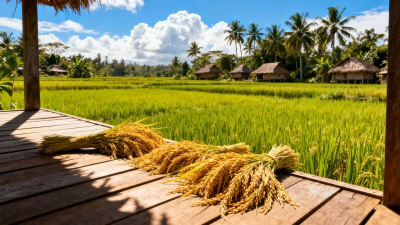 稻田金穗 椰林茅屋景图片