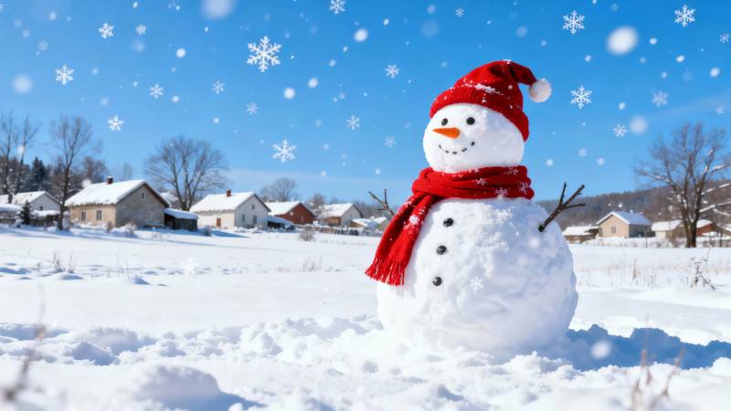 雪中小雪人戴红帽围巾图片