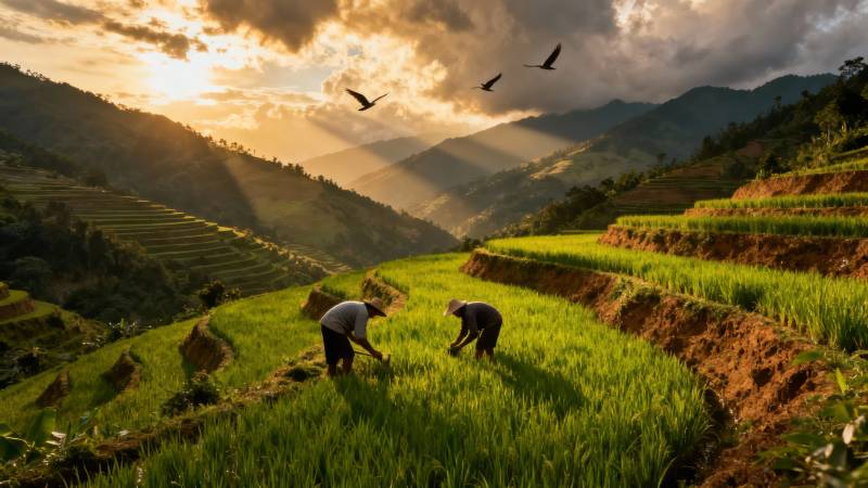梯田农耕 夕阳飞鸟伴图片