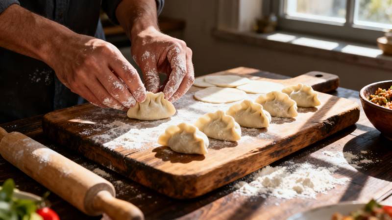 手工包饺子 阳光洒案板图片