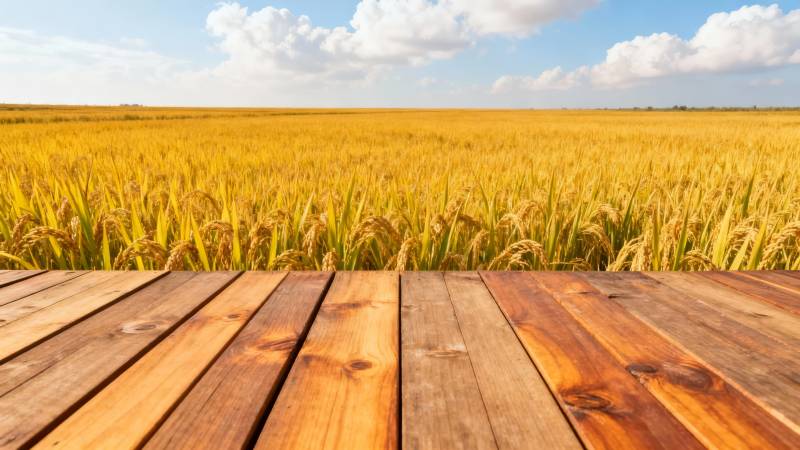 金黄稻田前的木台图片