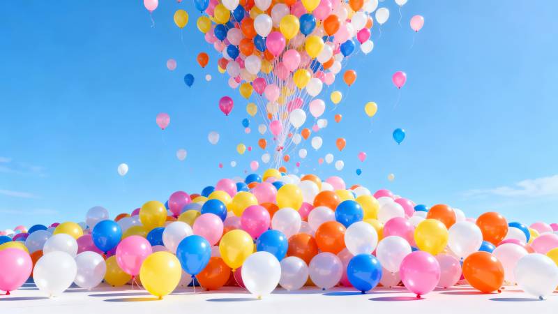 彩色气球升空 梦幻蓝天背景图片