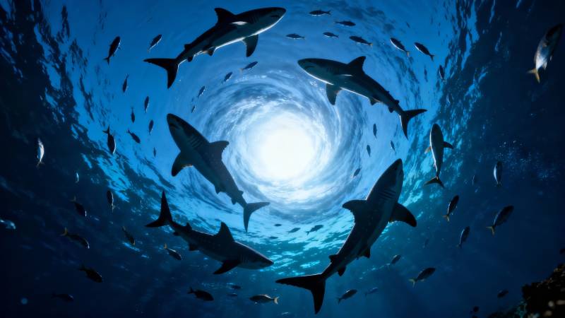 深海漩涡中的鲨鱼群舞图片