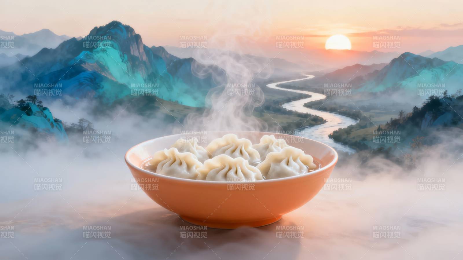 山间晨雾伴热饺图片