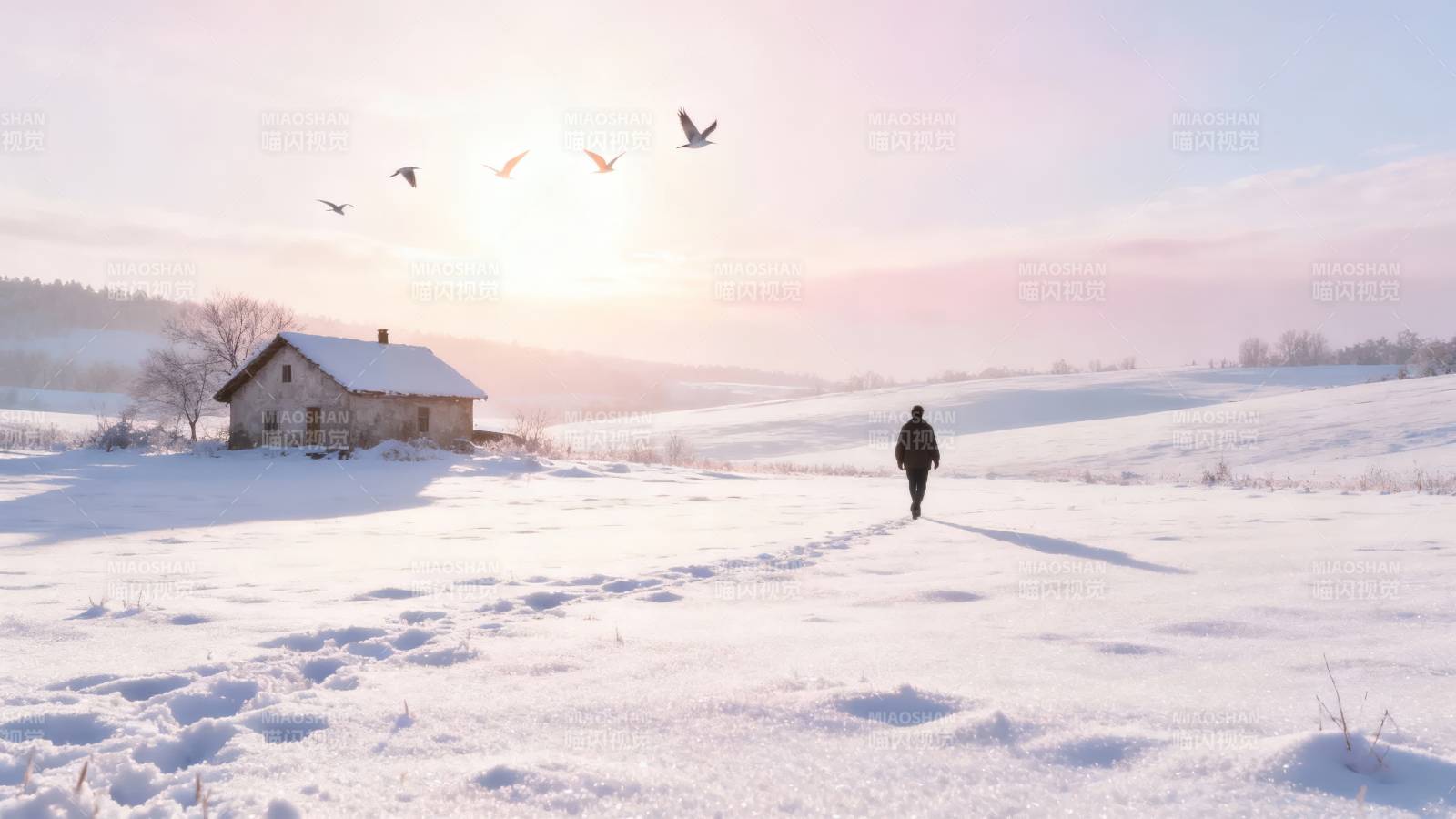 雪野孤行 飞鸟伴夕阳图片