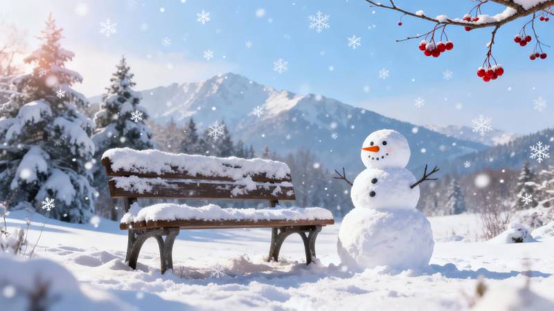 雪景雪人长椅 冬日童话图片