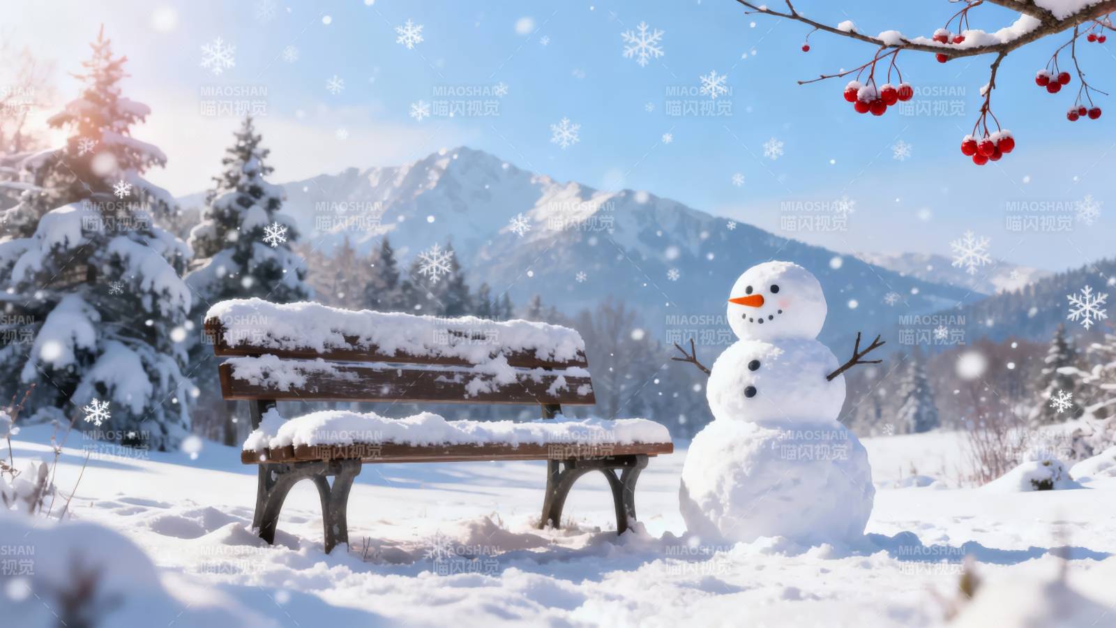 雪景雪人长椅 冬日童话图片