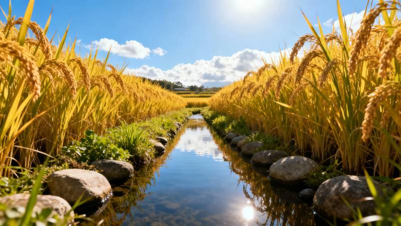 金黄稻浪映清流图片