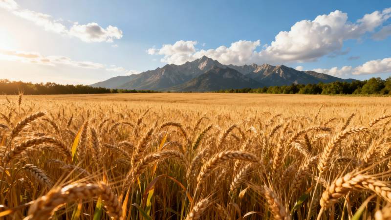 金黄麦田映远山图片