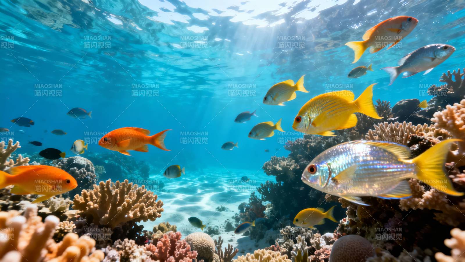 海底珊瑚鱼群游弋图图片