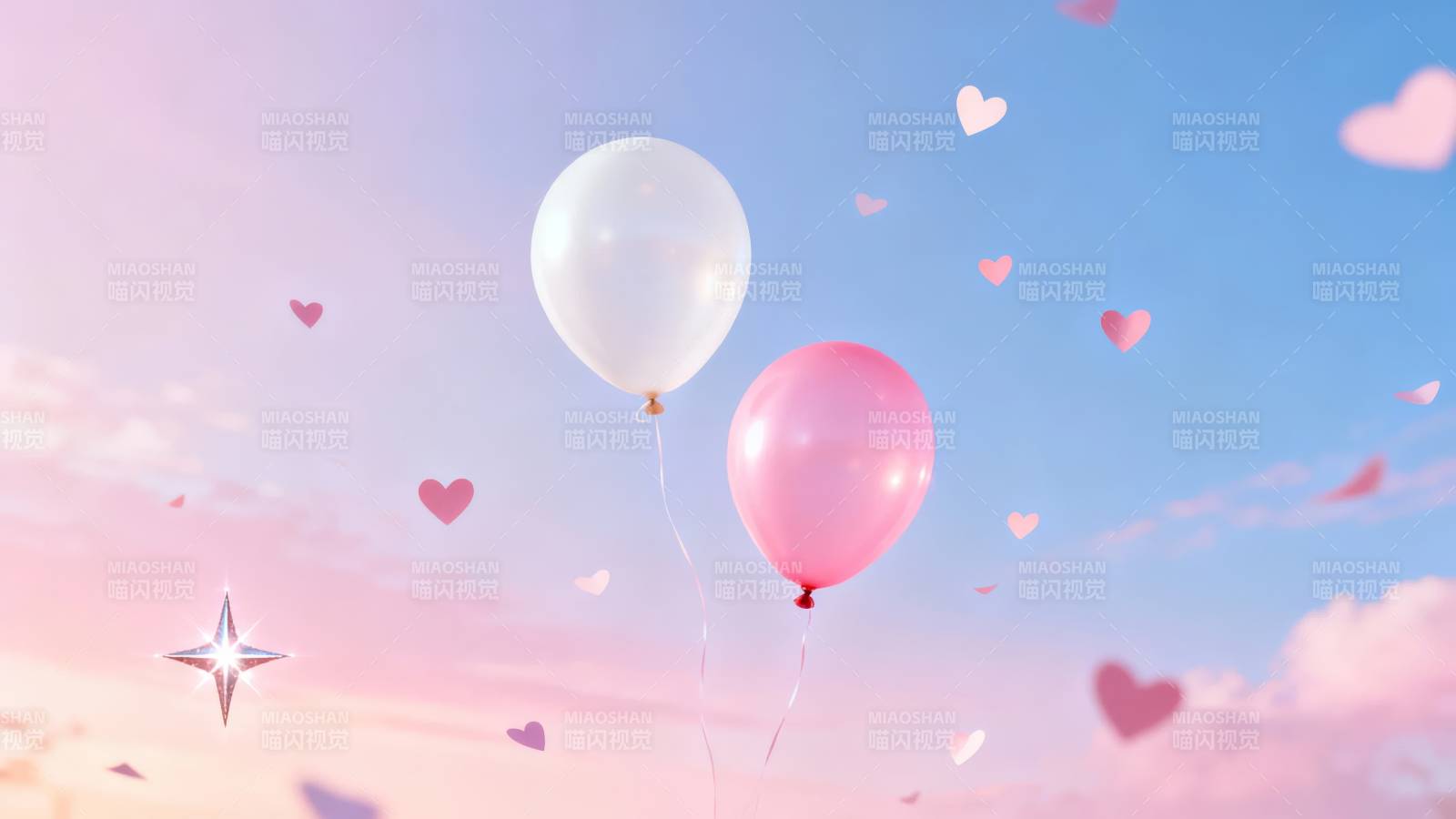 气球与爱心飘向梦幻天空图片