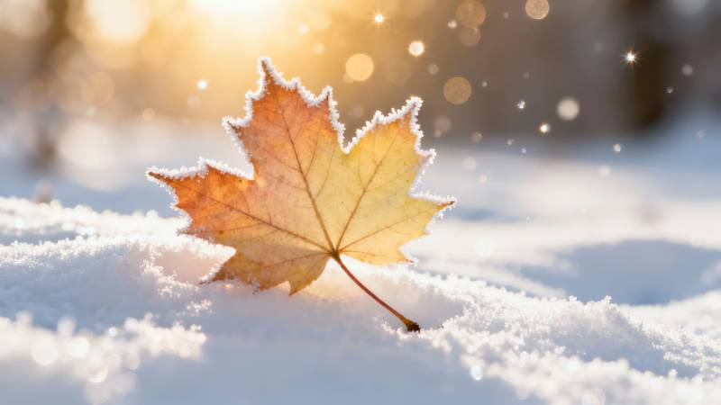 雪覆秋叶 暖阳微光图片