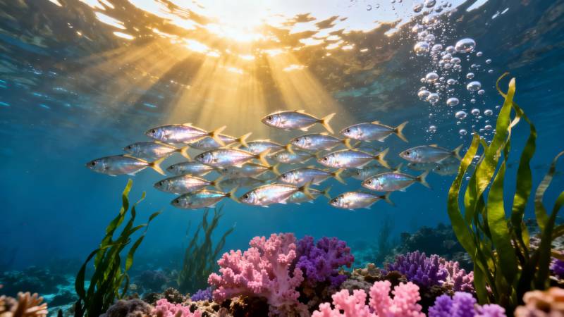 阳光海底鱼群珊瑚舞图片