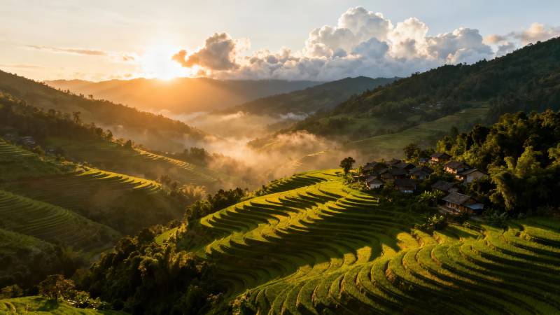 晨曦梯田 云雾绕山村图片