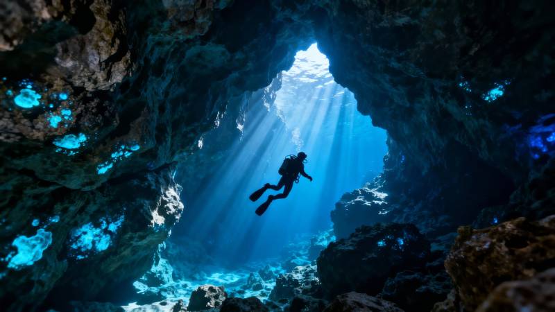 洞穴潜水者迎光而上图片