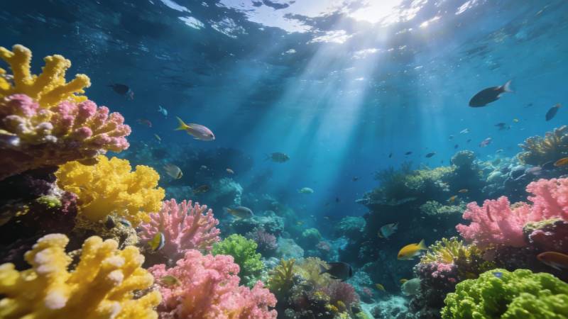 海底珊瑚花园 阳光穿透碧蓝海水图片