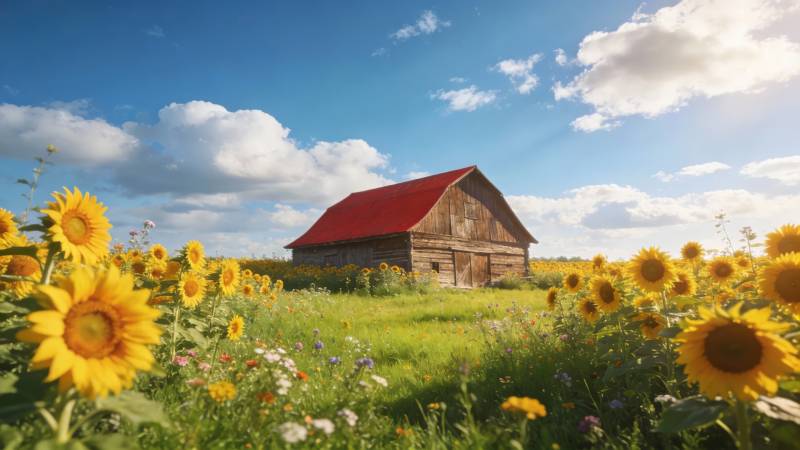 向日葵田与红顶谷仓图片