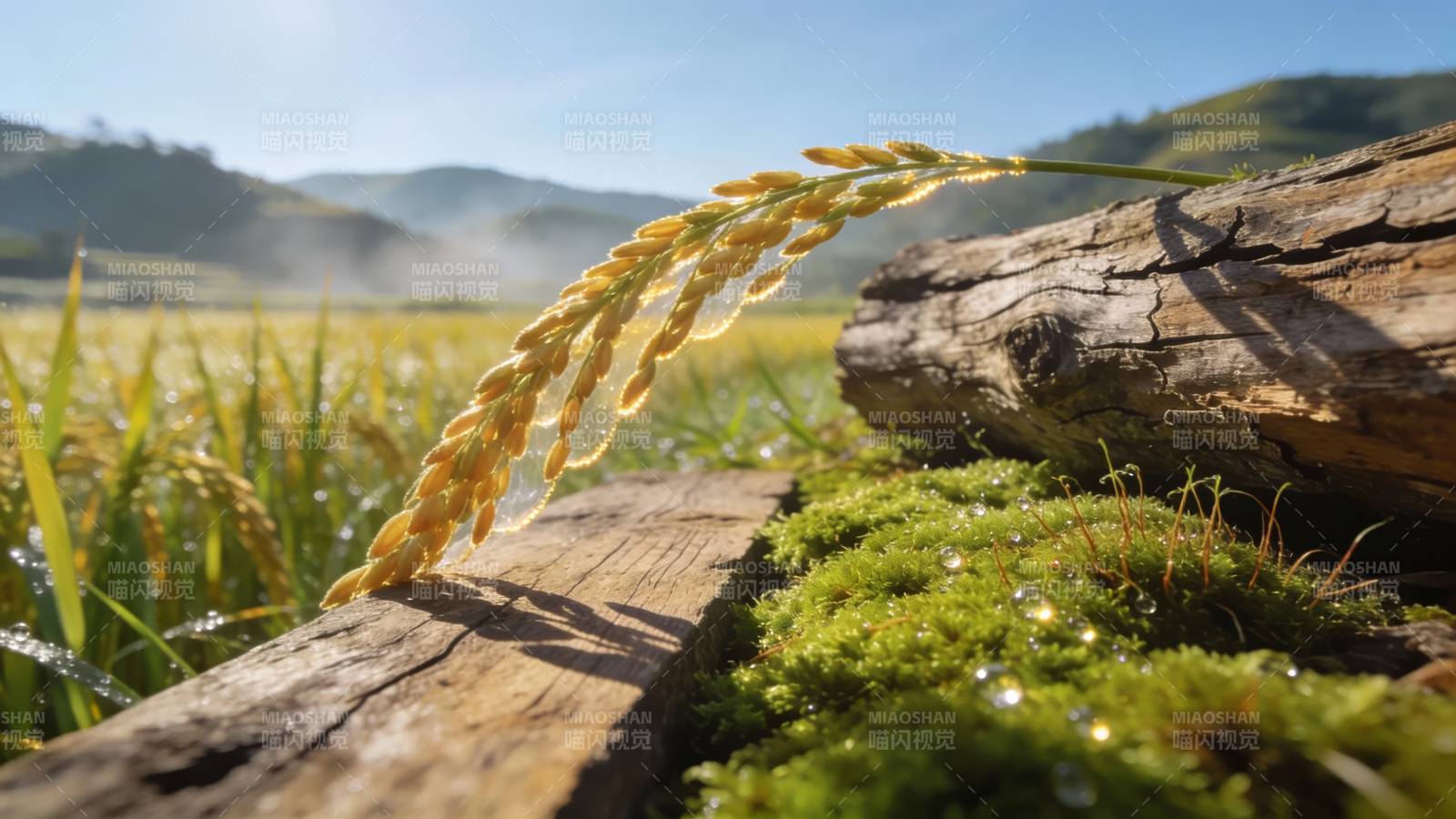 稻穗卧木 晨露映青山图片