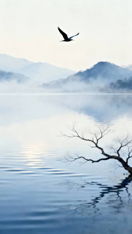 雾湖孤枝 飞鸟掠影图片