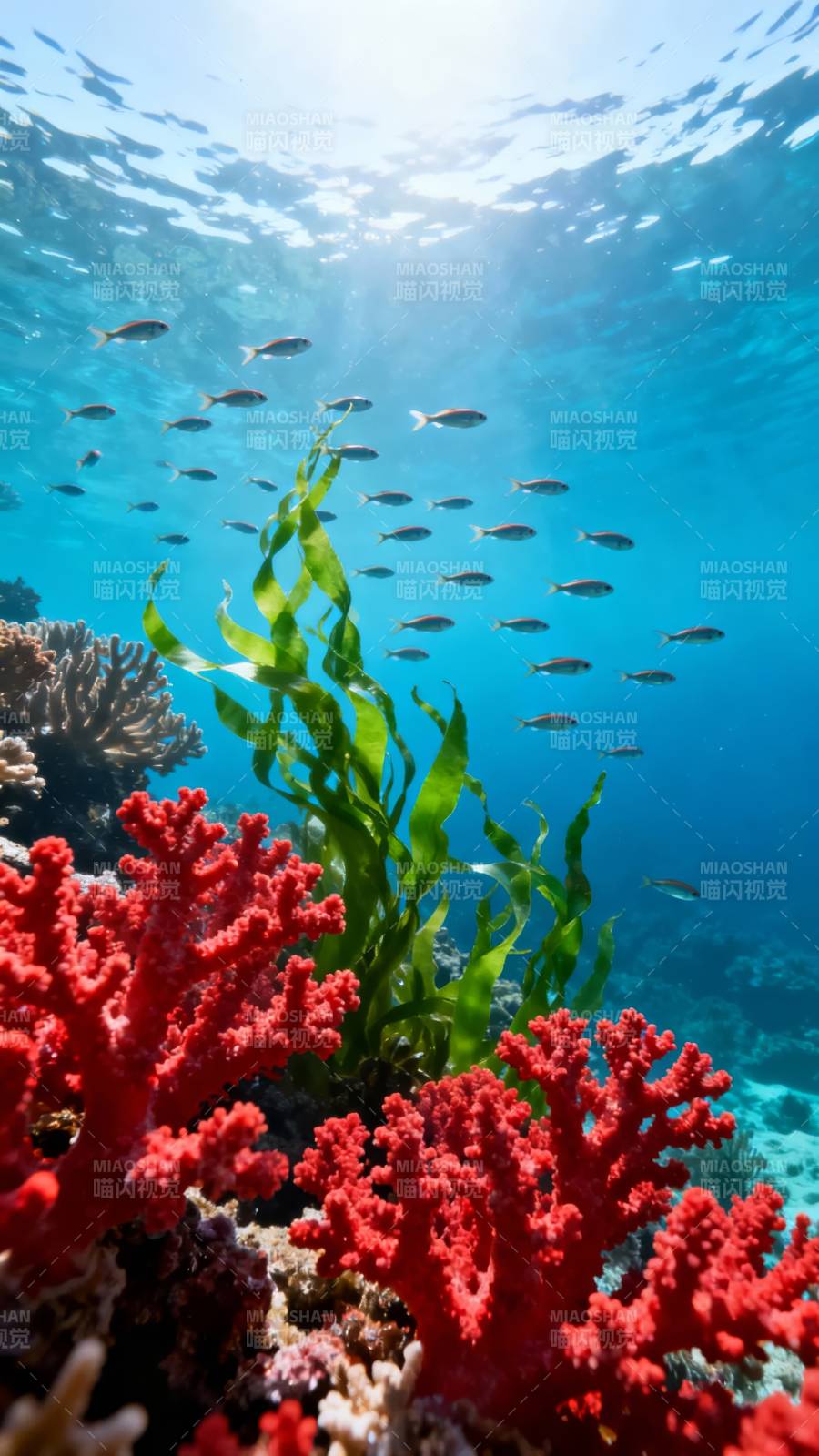 海底珊瑚鱼群阳光透射图片