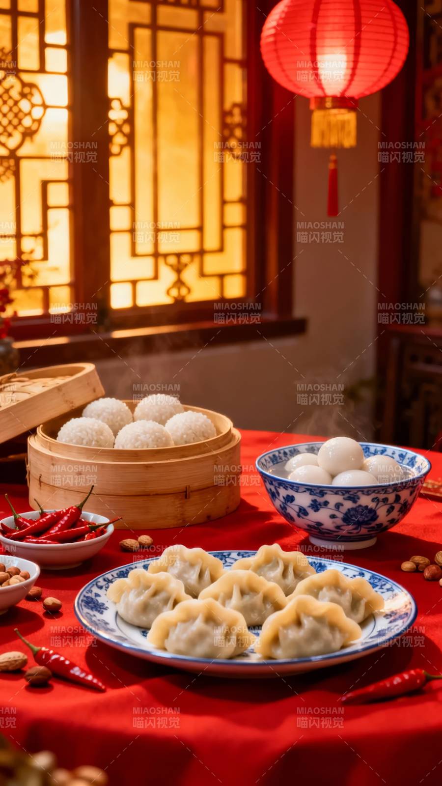 红灯笼下 饺子汤圆迎新春图片