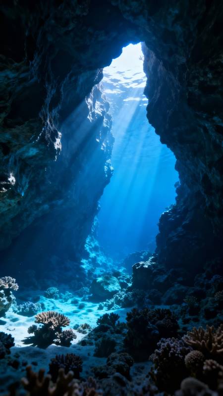 海底洞穴 光柱穿幽蓝图片