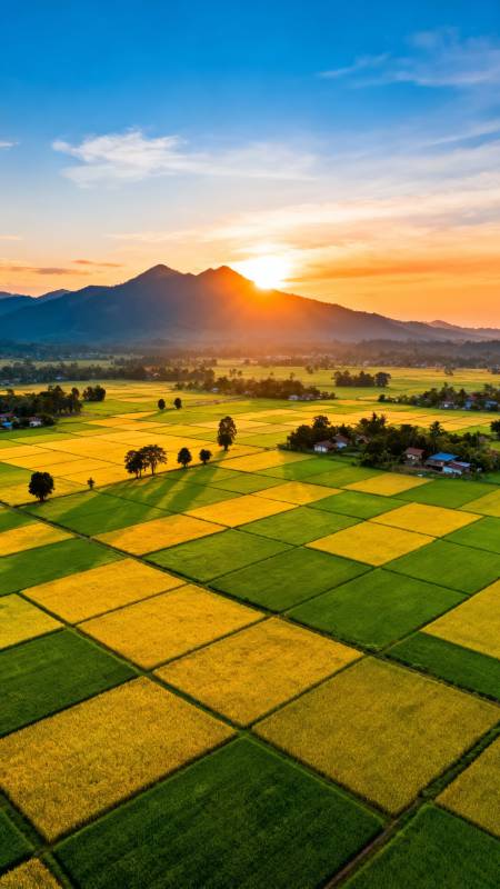 夕阳稻田 山影如画图片