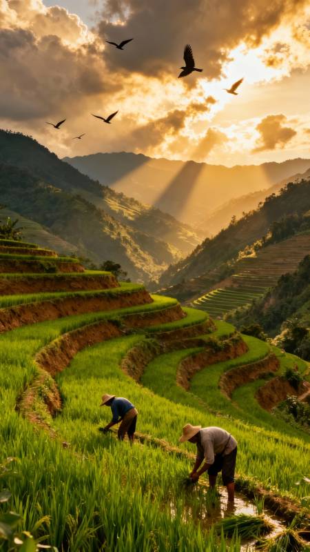 梯田夕照 农人劳作飞鸟归图片