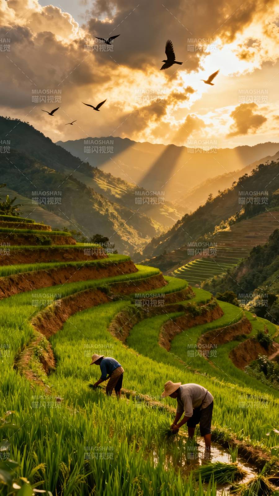 梯田夕照 农人劳作飞鸟归图片
