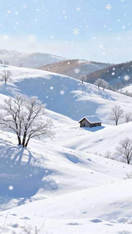 雪落山间 小屋静立图片