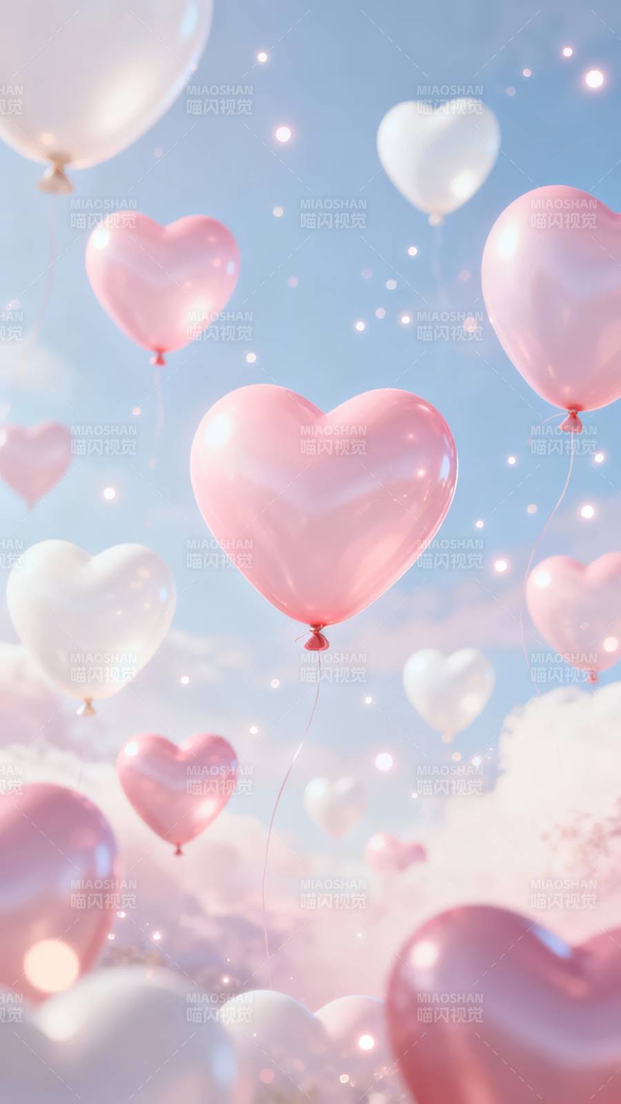 心形气球飘向梦幻天空图片