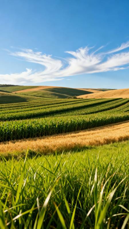 蓝天下的金色与绿色田野图片