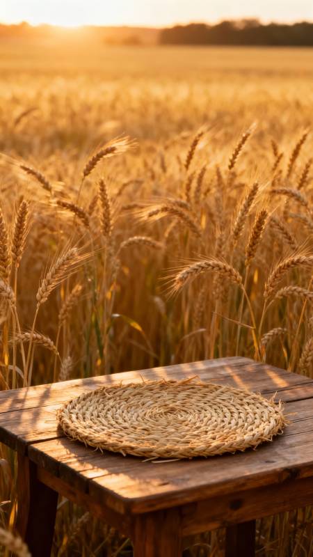 麦田夕阳 木桌草垫静景图片