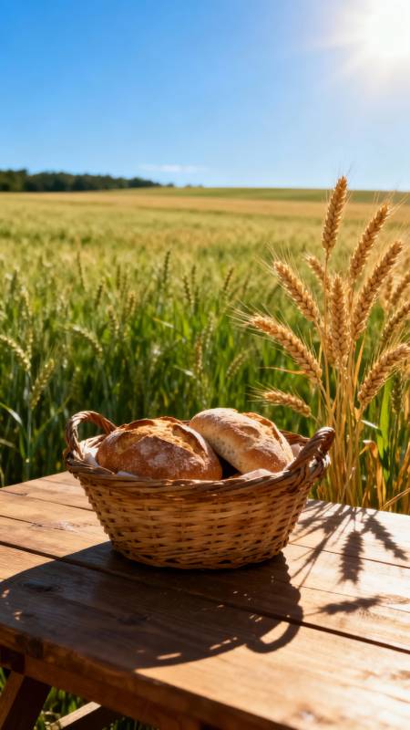 麦田边的面包篮图片