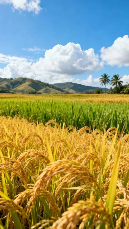 金黄稻浪映青山白云图片