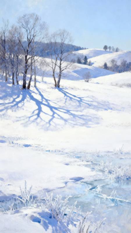 雪野树影 冰溪静流图片