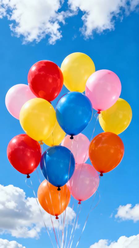 彩色气球飘向蓝天白云图片