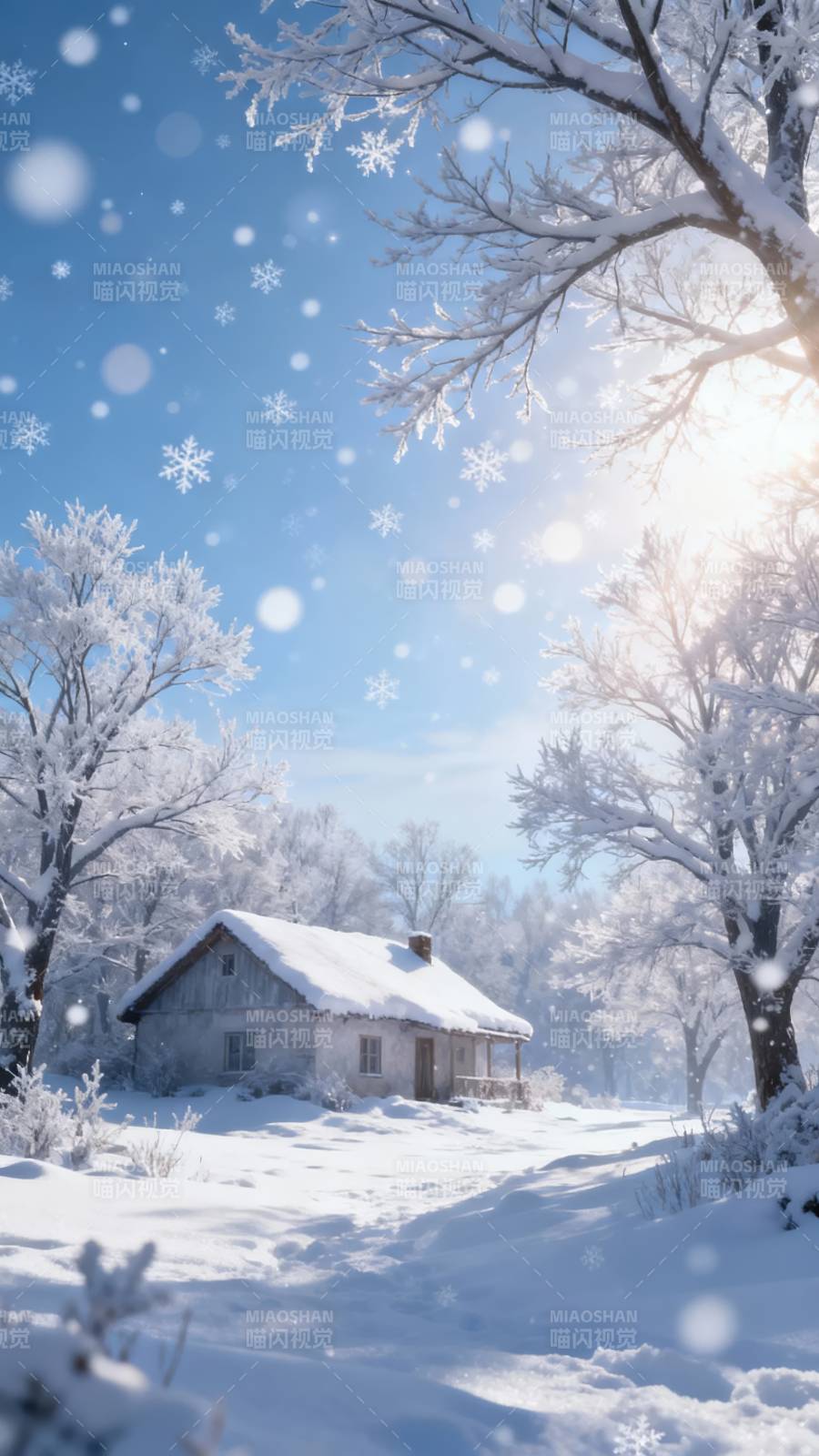 雪落小屋 冬日暖阳照林间图片