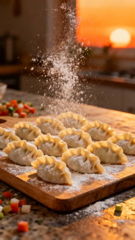 夕阳下撒粉的饺子图片
