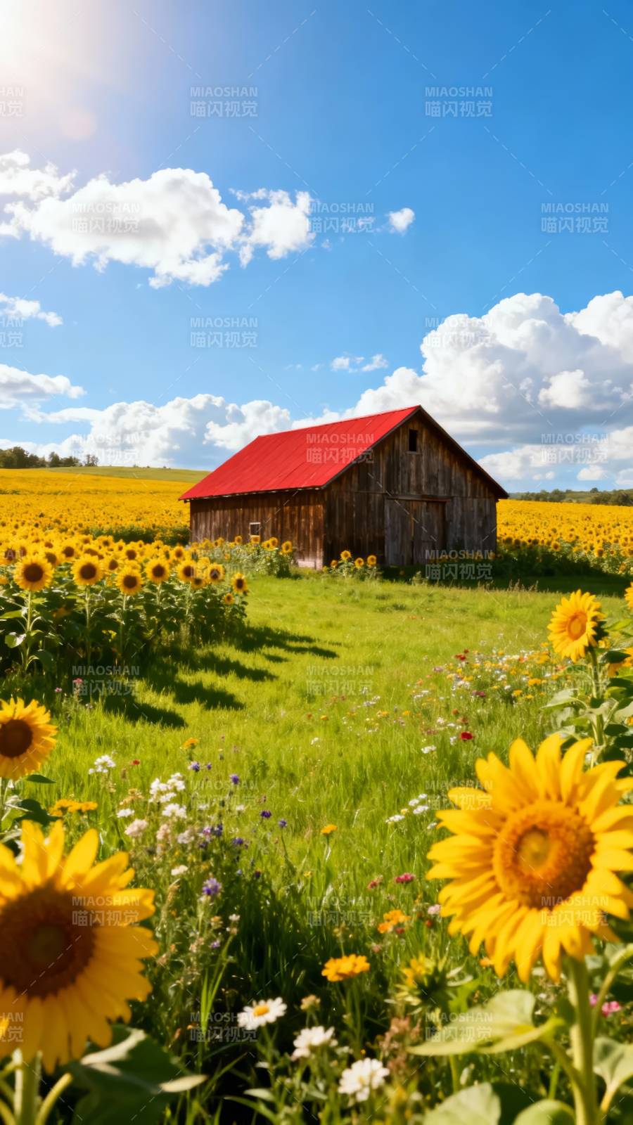红顶谷仓映向日葵海图片
